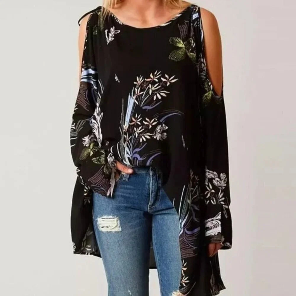 Free People Clear Skies Printed Cold Shoulder Tunic Floral Black Women's Medium
